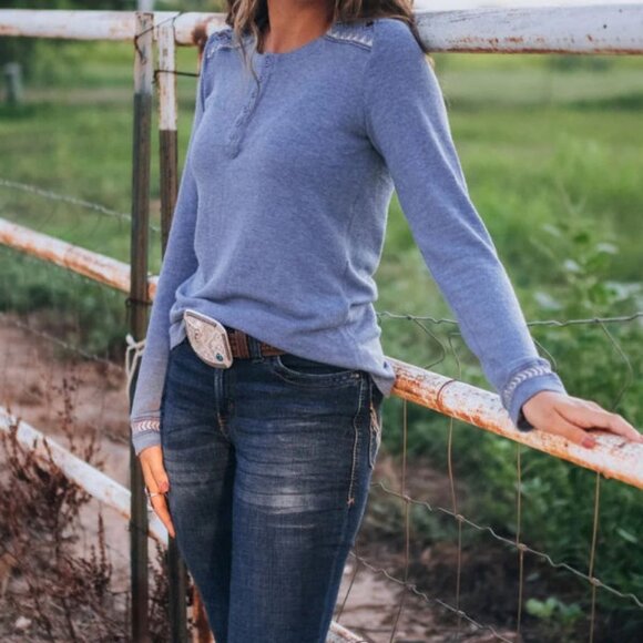 Outback Trading Waffle Knit Henley Sweater Top Size 3X Embroidered Western Aztec - Picture 6 of 14